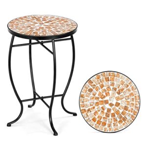 vingli mosaic outdoor side table, 14" round end table, accent table, plant stand ideal for pool side, porch, patio, deck or sofa side, glass top black iron, golden yard