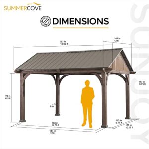 Sunjoy 12 x 14 ft. Hardtop Gazebo Premium Brown Cedar Wood Frame Gable Roof Gazebo with Ceiling Hook by SummerCove