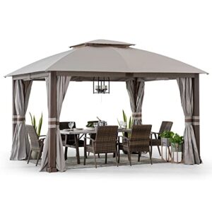 sunjoy rumney outdoor patio steel frame 11 x 13 ft. 2-tier soft top gazebo with light gray canopy roof, netting and curtains