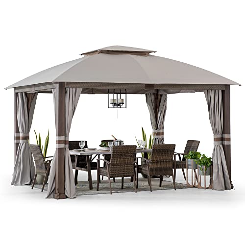 Sunjoy Rumney Outdoor Patio Steel Frame 11 x 13 ft. 2-Tier Soft Top Gazebo with Light Gray Canopy Roof, Netting and Curtains