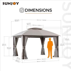 Sunjoy Rumney Outdoor Patio Steel Frame 11 x 13 ft. 2-Tier Soft Top Gazebo with Light Gray Canopy Roof, Netting and Curtains