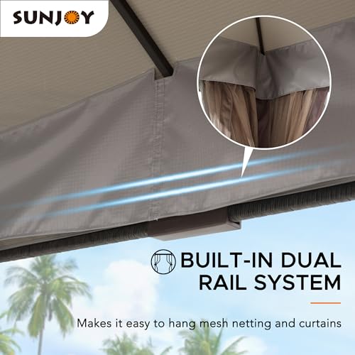 Sunjoy Rumney Outdoor Patio Steel Frame 11 x 13 ft. 2-Tier Soft Top Gazebo with Light Gray Canopy Roof, Netting and Curtains