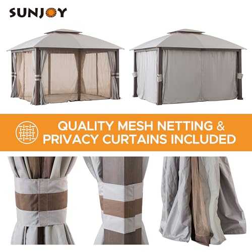 Sunjoy Rumney Outdoor Patio Steel Frame 11 x 13 ft. 2-Tier Soft Top Gazebo with Light Gray Canopy Roof, Netting and Curtains