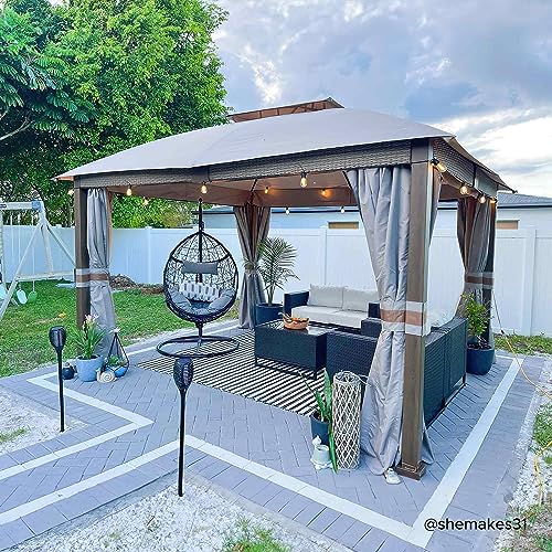 Sunjoy Rumney Outdoor Patio Steel Frame 11 x 13 ft. 2-Tier Soft Top Gazebo with Light Gray Canopy Roof, Netting and Curtains