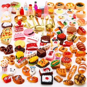 100 pieces miniature food drinks toys mixed pretend foods for dollhouse kitchen play resin mini food for adults teenagers doll house (hamburger, pizza, cake, bread)