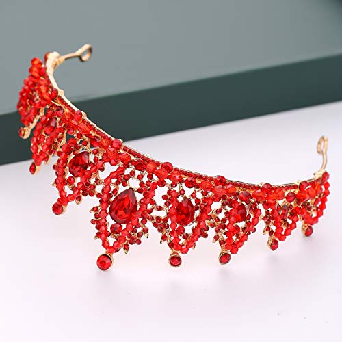 FORSEVEN Crystal Wedding Crown Rhinestone Headband Girls Princess Birthday Party Tiaras Bridal Wedding Accessories (Red)