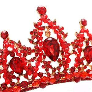 FORSEVEN Crystal Wedding Crown Rhinestone Headband Girls Princess Birthday Party Tiaras Bridal Wedding Accessories (Red)