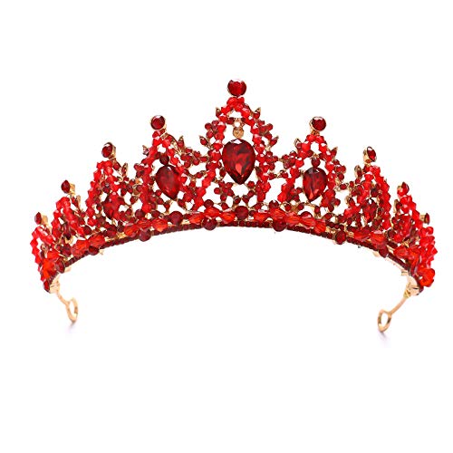 FORSEVEN Crystal Wedding Crown Rhinestone Headband Girls Princess Birthday Party Tiaras Bridal Wedding Accessories (Red)