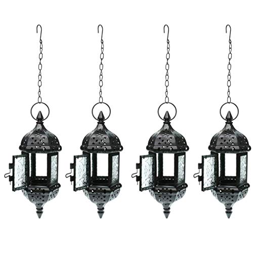 4X Iron Chain Hanging Glass Candlestick Candle Holder Lantern Lamp- Black