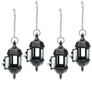 4X Iron Chain Hanging Glass Candlestick Candle Holder Lantern Lamp- Black