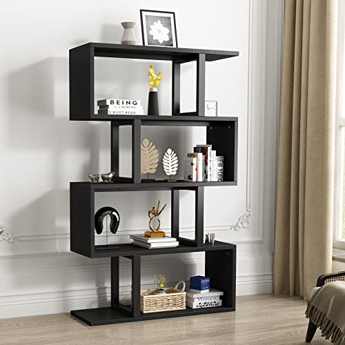 YITAHOME 5-Tier Bookshelf, S-Shaped Z-Shelf Bookshelves and Bookcase, Modern Freestanding Multifunctional Decorative Storage Shelving for Living Room Home Office, Black