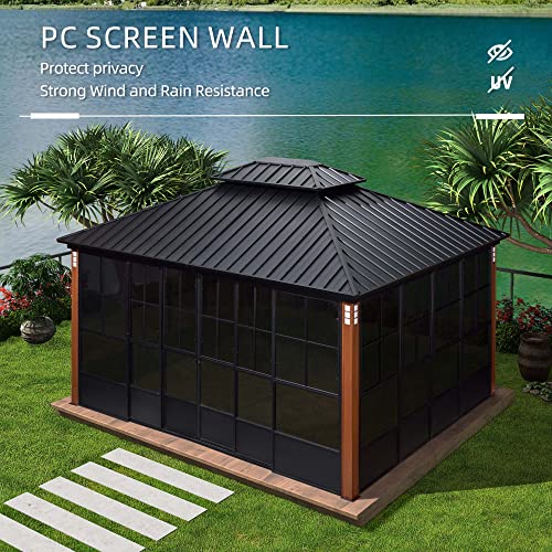 PURPLE LEAF 12' X 14' Patio Hardtop Gazebo Double Top Outdoor Screen House Aluminum Solarium Backyard Sun Room with LED Lights