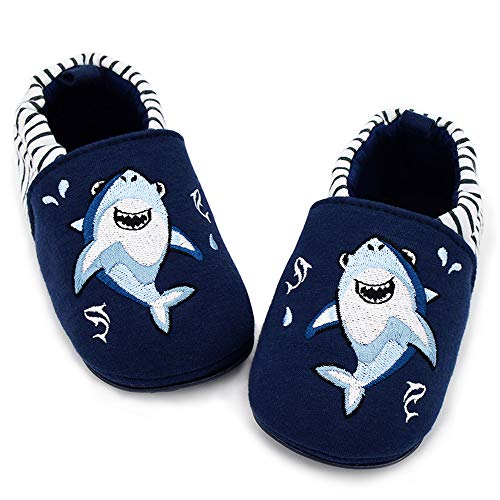 Timatego Toddler Baby Boys Girls Shoes Non Skid Slipper Sneaker Moccasins Infant First Walker House Walking Crib Shoes(6-24 Months) 01 Navy Shark, 12-18 Months Toddler