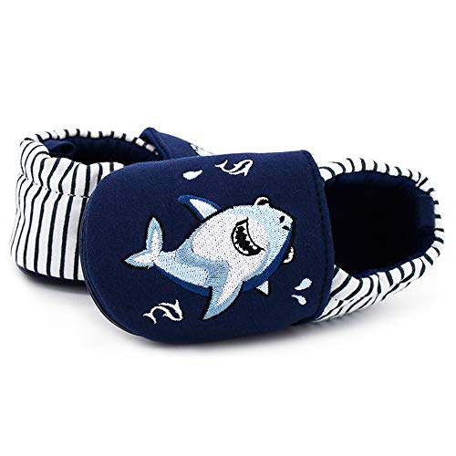 Timatego Toddler Baby Boys Girls Shoes Non Skid Slipper Sneaker Moccasins Infant First Walker House Walking Crib Shoes(6-24 Months) 01 Navy Shark, 12-18 Months Toddler