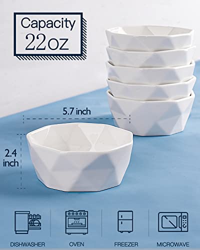 DELLING 22 Oz Geometric Cereal Bowls, White Soup Bowls Dessert/Snack Bowls Set for Rice Pasta Salad Oatmeal, Microwave/Dishwasher/Oven Safe Set of 6