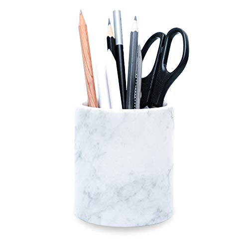 JIMEI Natural Marble Pencil Pen Holder Stand for Desk, Makeup Brush Cup for Girls, Bathroom Tumbler Cup, Durable Office & Home Organizer Pencil Holder (White)