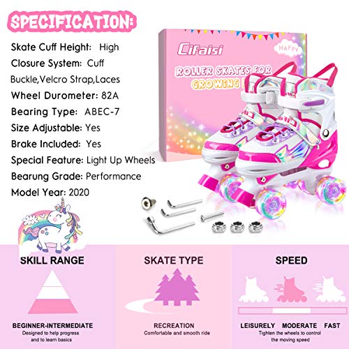 Roller Skates for Girls Boys Kids, Black Pink Purple 4 Sizes Adjustable Kids Roller Skates with Light up Wheels and Shining Upper Design, Roller Skates for Toddler Kids Ages 4-13