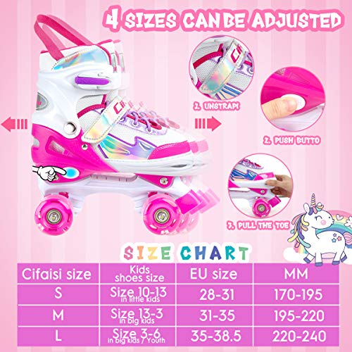 Roller Skates for Girls Boys Kids, Black Pink Purple 4 Sizes Adjustable Kids Roller Skates with Light up Wheels and Shining Upper Design, Roller Skates for Toddler Kids Ages 4-13