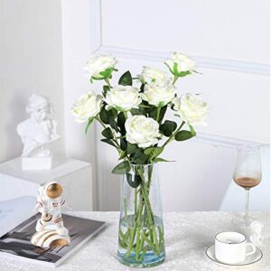 Hawesome 12PCS Artificial Silk Flowers Realistic Roses Bouquet Long Stem for Home Wedding Decoration Party (12PCS-White)