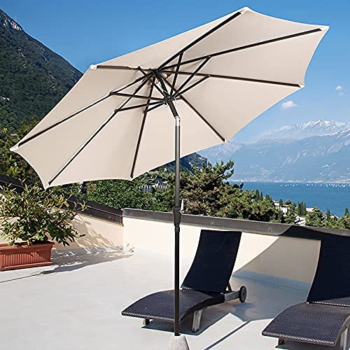 Hepoe 9' Patio Umbrella Outdoor Market Umbrellas with 8 Sturdy Ribs Push Button Tilt and Crank for Yard Garden Umbrellas (9 ft, Beige)