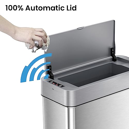 iTouchless 4 Gallon Slim Sensor Trash Can (Lid Opens Left) with AbsorbX Odor Control, 15 Liter Slim Stainless Steel Automatic Wastebasket, Space-Saving Bin for Bathroom, Kitchen, Office, Hotel