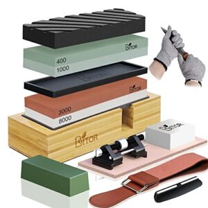 britor sharpening stone kit whetstone knife sharpener 4 side grit 400/1000 3000/8000 includes non-slip rubber holder angle guide leather strop and gloves