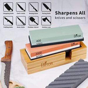 BRITOR Sharpening Stone Kit Whetstone knife sharpener 4 Side Grit 400/1000 3000/8000 Includes Non-Slip Rubber Holder Angle Guide Leather Strop and Gloves