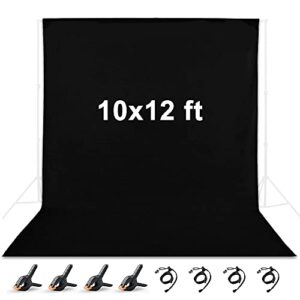 10 x 12 ft black backdrop, polyester fabric chromakey black backdrop background for photography, video, studio and television with 4 backdrop clips and 4 spring clamps