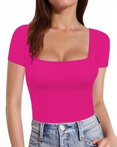 mangopop womens short sleeve long sleeve square neck t shirts tops tees (short sleeve rose pink, medium)