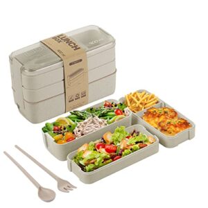 Bento Box for Adults, 3-In-1 Meal Prep Container, 900ML Japanese Lunch Box with Compartment, Wheat Straw, Leak-proof, Spoon & Fork, BPA-free (Beige)