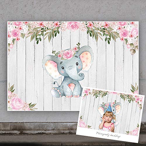 Floral Elephant Backdrop for Baby Shower,Yeele 7x5ft Party Pink Flower Wood It's a Girl Banner Birthday Photography Background Cake Table Decoration Photo Booth Studio Props Favors Supplies