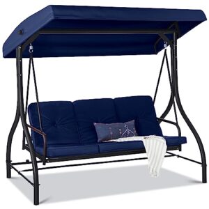 best choice products 3-seat outdoor large converting canopy swing glider, patio hammock lounge chair for porch, backyard w/flatbed, adjustable shade, removable cushions - navy