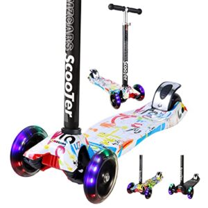 amzcars kick scooter for kids, 3 wheels toddlers scooter for 6 years old boys girls learn to steer, kids scooter 4 adjustable height, extra-wide deck, flashing wheel lights for children gifts