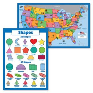 2 pack - usa map for kids [illustrated] + 3d shapes poster (laminated, 18" x 29")