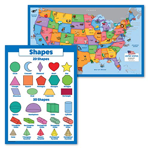 2 Pack - USA Map for Kids [Illustrated] + 3D Shapes Poster (LAMINATED, 18" x 29")