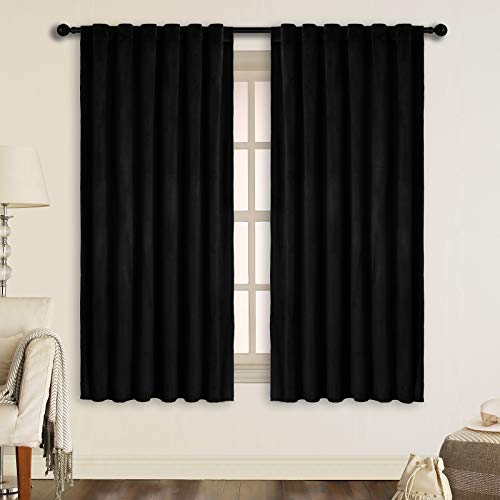 SNITIE Black 63 in Long Velvet Curtains with Back Tab and Rod Pocket Thermal Insulated Soft Privacy Light Filtering Velvet Drapes for Bedroom and Living Room, Set of 2 Panels, 52 x 63 Inches Long