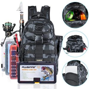 PLUSINNO Tackle Bag, Water-Resistant Backpack with Rod Holder for Fishing Gear, Ideal Gifts for Men,Large