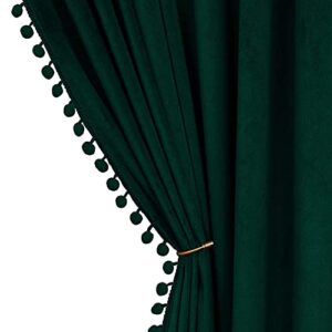 snitie emerald green 84in long pom pom velvet curtains with rod pocket thermal insulated soft privacy light filtering velvet drapes for bedroom living room, 2 panels (emerald green, 42 x 84in long)