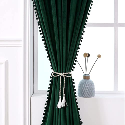 SNITIE Emerald Green 84in Long Pom Pom Velvet Curtains with Rod Pocket Thermal Insulated Soft Privacy Light Filtering Velvet Drapes for Bedroom Living Room, 2 Panels (Emerald Green, 42 x 84In Long)