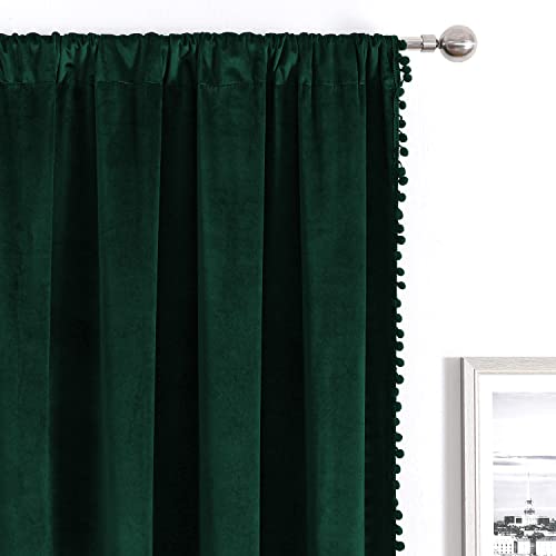 SNITIE Emerald Green 84in Long Pom Pom Velvet Curtains with Rod Pocket Thermal Insulated Soft Privacy Light Filtering Velvet Drapes for Bedroom Living Room, 2 Panels (Emerald Green, 42 x 84In Long)