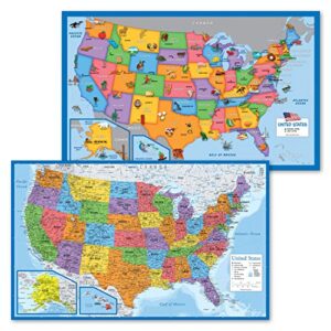 2 pack - usa map for kids [illustrated] + united states of america map [blue ocean] (laminated, 18" x 29")