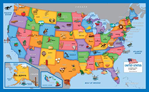 2 Pack - USA Map for Kids [Illustrated] + United States of America Map [Blue Ocean] (Laminated, 18" x 29")