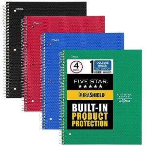 five star durashield notebooks with antimicrobial front covers, 4 pack, 1 subject, college ruled paper, 11" x 8-1/2", 100 sheets, black, red, blue, green (820029-ecm)