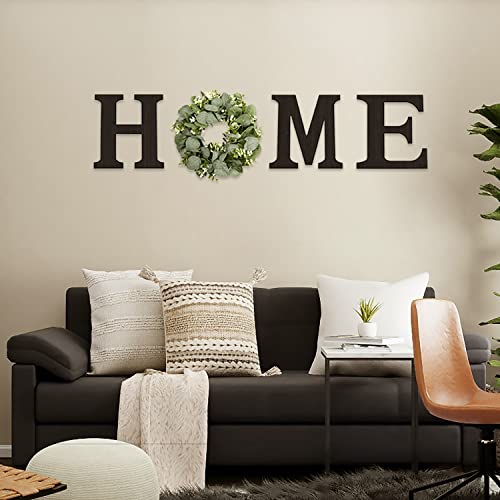 Wood Home Sign with Artificial Eucalyptus Wreath for O, Hanging Farmhouse Wall House Decor - Wood Home Letters for Wall Art Rustic Home Decor, Home Wall Decor for Living Room Kitchen Entryway Dining Room Hallway Housewarming Gift (Black)