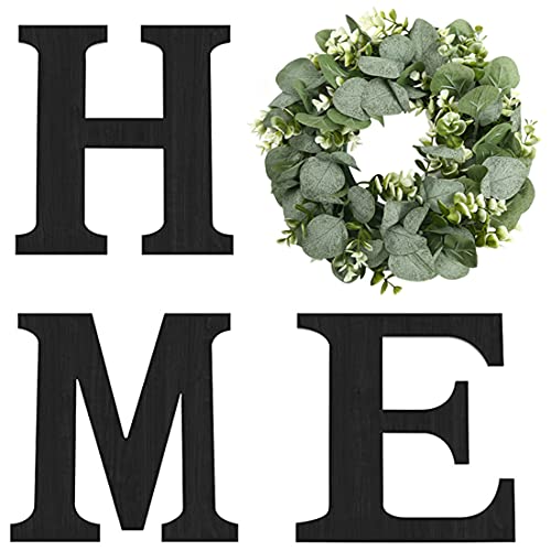 Wood Home Sign with Artificial Eucalyptus Wreath for O, Hanging Farmhouse Wall House Decor - Wood Home Letters for Wall Art Rustic Home Decor, Home Wall Decor for Living Room Kitchen Entryway Dining Room Hallway Housewarming Gift (Black)