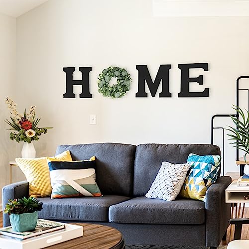 Wood Home Sign with Artificial Eucalyptus Wreath for O, Hanging Farmhouse Wall House Decor - Wood Home Letters for Wall Art Rustic Home Decor, Home Wall Decor for Living Room Kitchen Entryway Dining Room Hallway Housewarming Gift (Black)