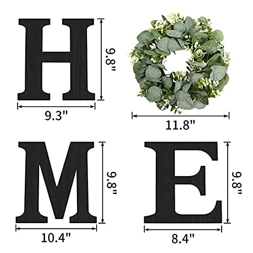 Wood Home Sign with Artificial Eucalyptus Wreath for O, Hanging Farmhouse Wall House Decor - Wood Home Letters for Wall Art Rustic Home Decor, Home Wall Decor for Living Room Kitchen Entryway Dining Room Hallway Housewarming Gift (Black)