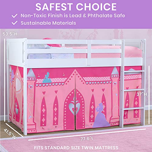 Delta Children Twin Loft Bed with Guardrail and Ladder + Tent (Bundle), White/Disney Princess