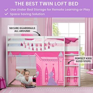 Delta Children Twin Loft Bed with Guardrail and Ladder + Tent (Bundle), White/Disney Princess