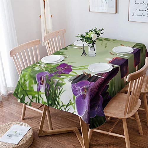 Cotton Linen Tablecloth Zen Spa Rectangle 53" Wx70 L Wrinkle-Free Table Cloth Cover Butterfly Orchid Zen Basalt Stones Candle Purple Table Decorative for Wedding Dinning Party Banquet Tabletop